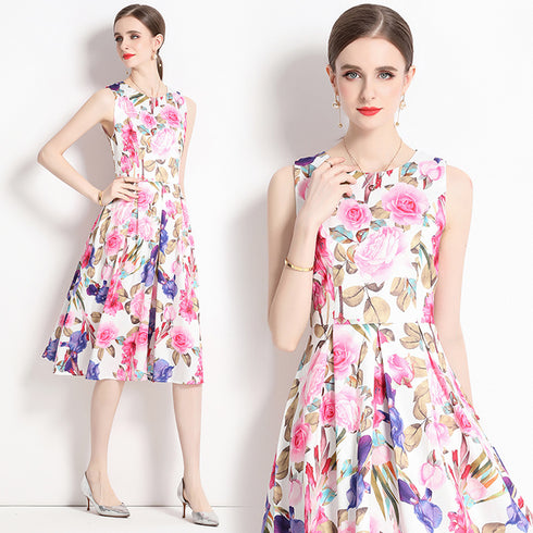 Adorable & Mesmerizing Floral Print Bohemian Jacquard O-Neck Sleeveless Chic Women Slim Midi Beach Holiday, Party, Cocktail, Wedding Guest, Prom Dress